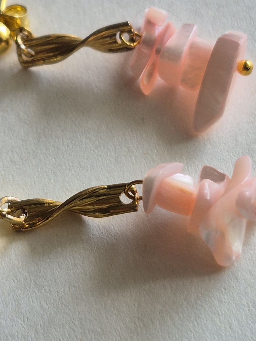 Handmade Pink Mother Of Pearl Shell Chip Drop Earrings - Gold Accents - Picture 2 of 6